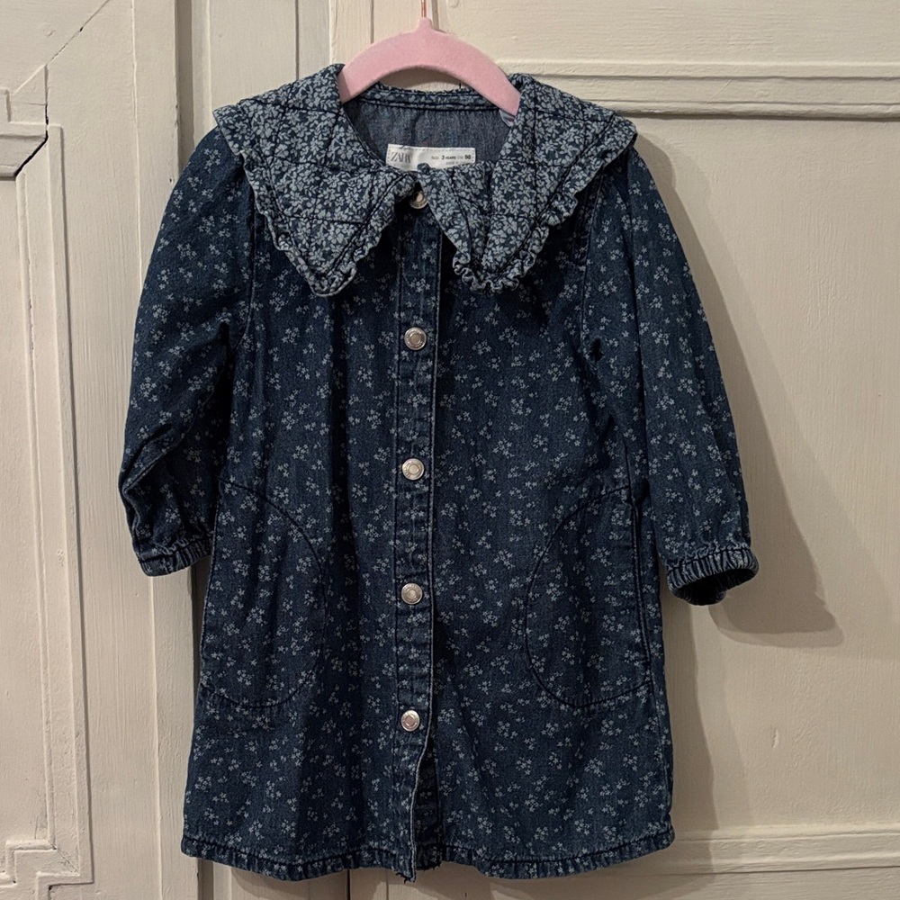 Zara Girls denim Floral dress with oversized Collar